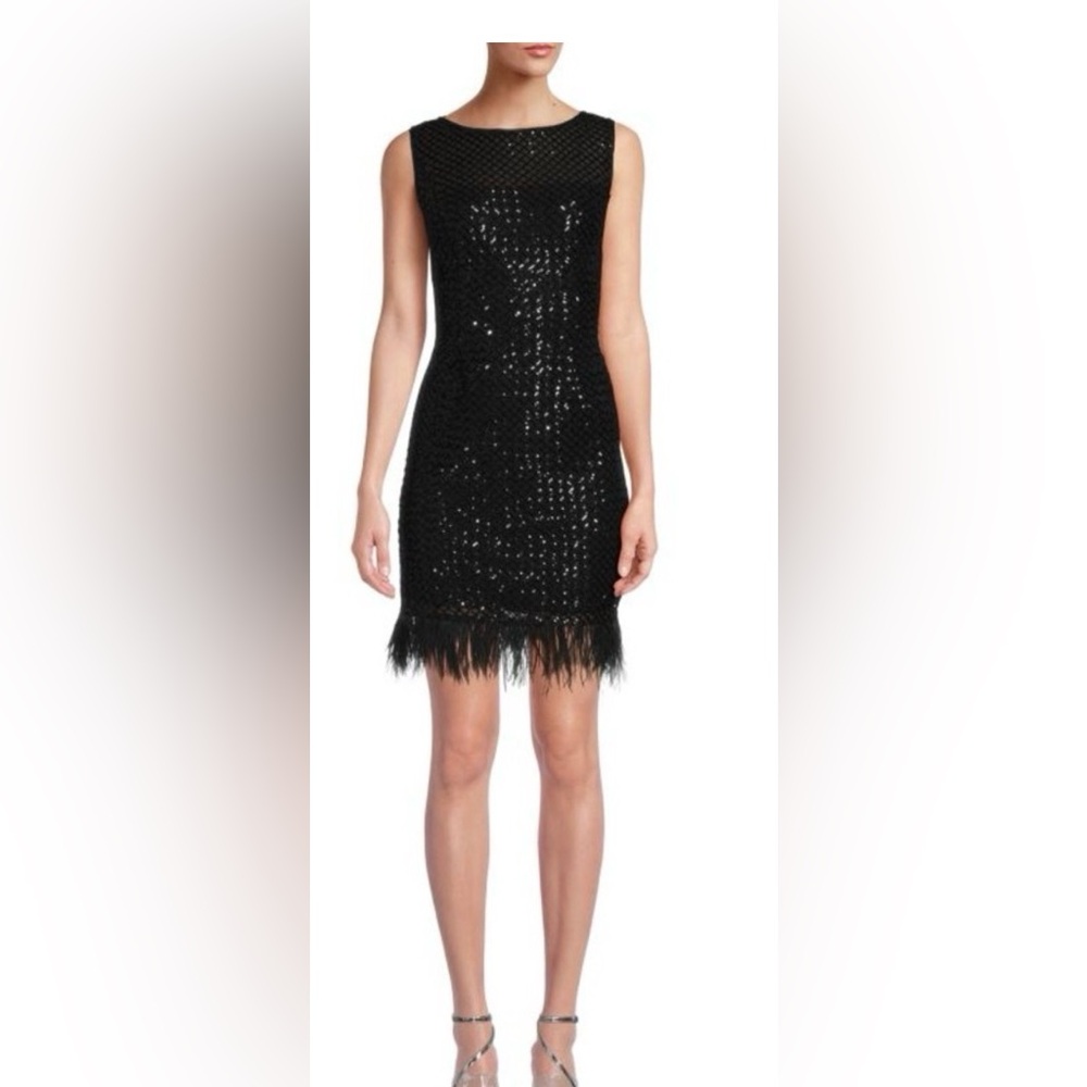 Adrianna Papell Black Sequined Dress With Feather Trim In Black NWT